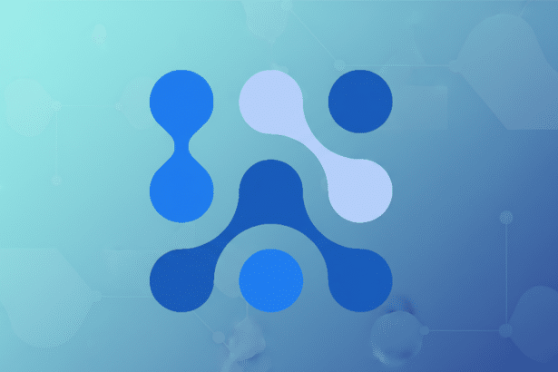A professional 16:9 aspect ratio image featuring a blue and light blue abstract molecular or connected-dots logo centered on a soft, gradient background with subtle, light blue geometric patterns.