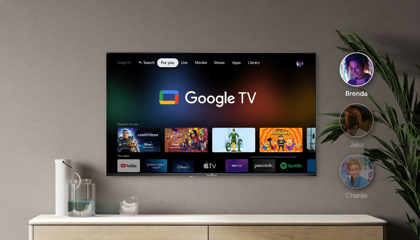 A Google TV interface displayed on a television screen, showing various streaming app icons and content recommendations. To the right, three circular profile pictures are labeled Brenda, Jake, and Charlie.
