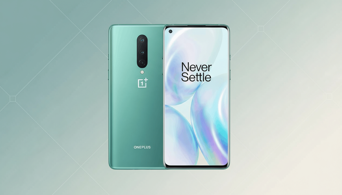 A green OnePlus smartphone, showing both its front and back, against a professional flat design background with soft patterns and gradients.