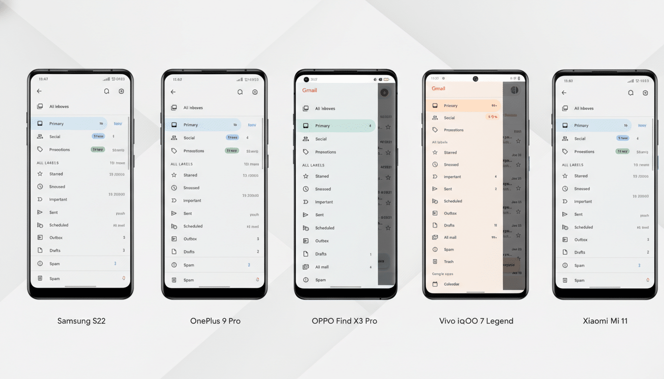 A 16:9 aspect ratio image showcasing five different smartphone models (Samsung S22, OnePlus 9 Pro, OPPO Find X3 Pro, Vivo iQOO 7 Legend, and Xiaomi Mi 11) displaying the Gmail app interface.