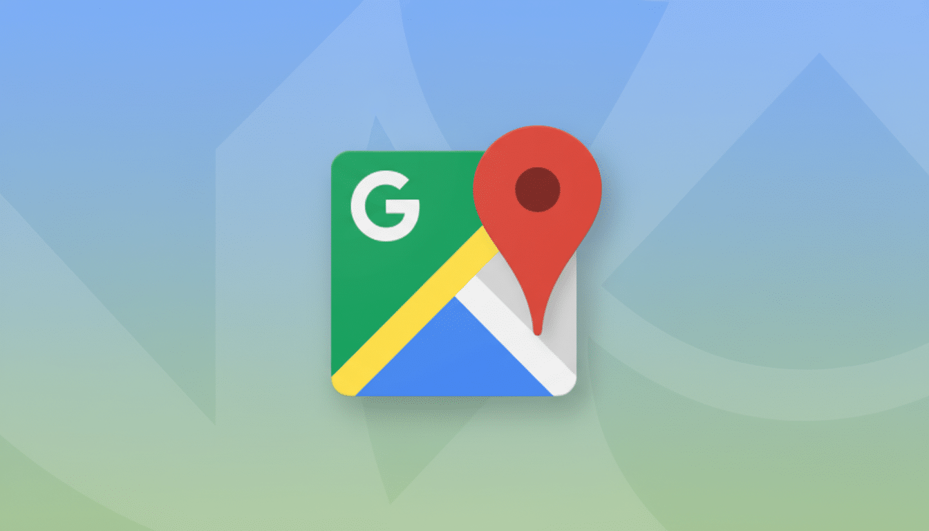 The Google Maps app icon, featuring a green square with a white G, a yellow and blue road, and a red location pin, centered on a professional flat design background with soft blue and green gradients and subtle geometric patterns.