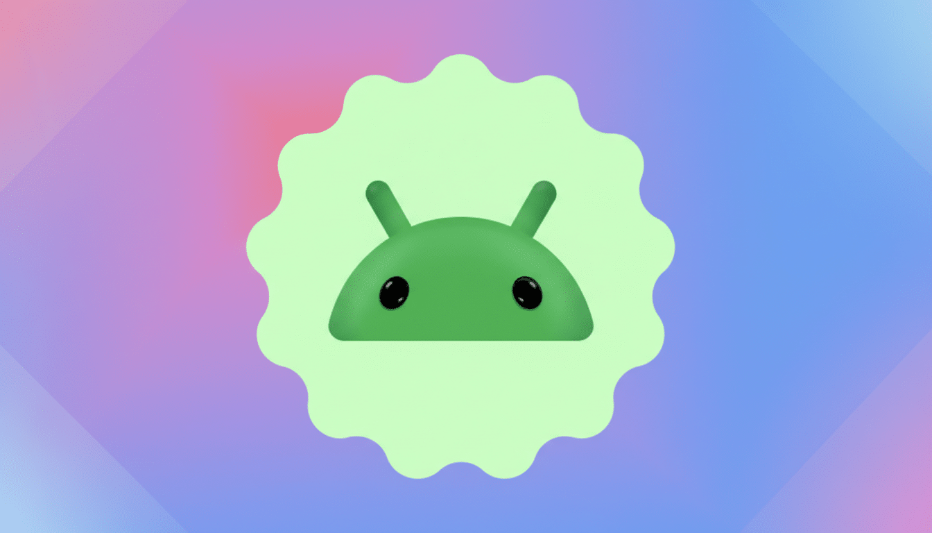 The Android logo, a green robot head, is centered within a light green, wavy-edged circle. The background is a soft gradient of pink, purple, and blue, with subtle geometric patterns.