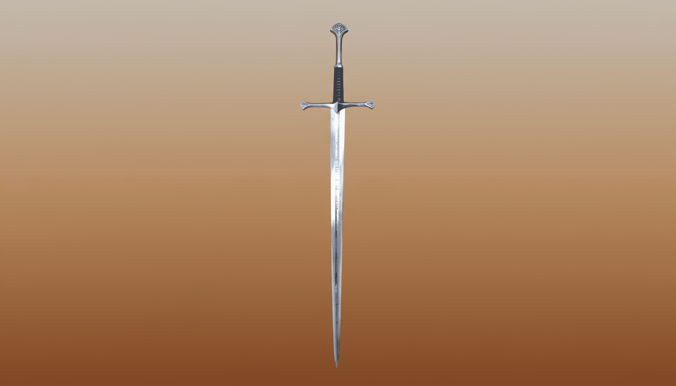 A professionally enhanced image of a sword with a silver hilt and blade, centered on a soft brown gradient background, resized to a 16:9 aspect ratio.