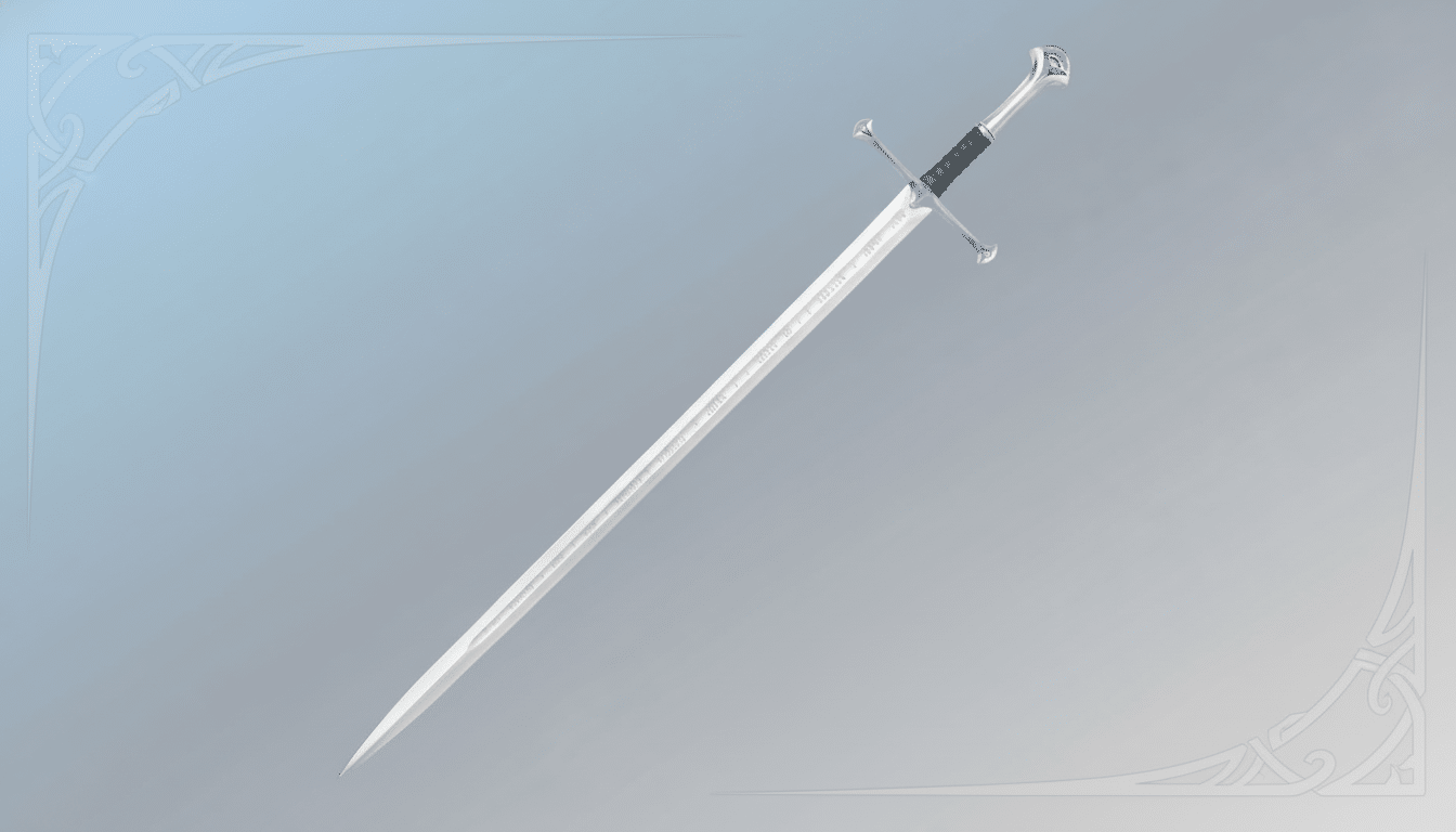 A professionally enhanced image of a long, silver sword with a black hilt, set against a soft blue-grey gradient background with subtle decorative patterns in the corners. The sword is angled from the bottom left to the top right, showcasing its detailed blade and hilt.