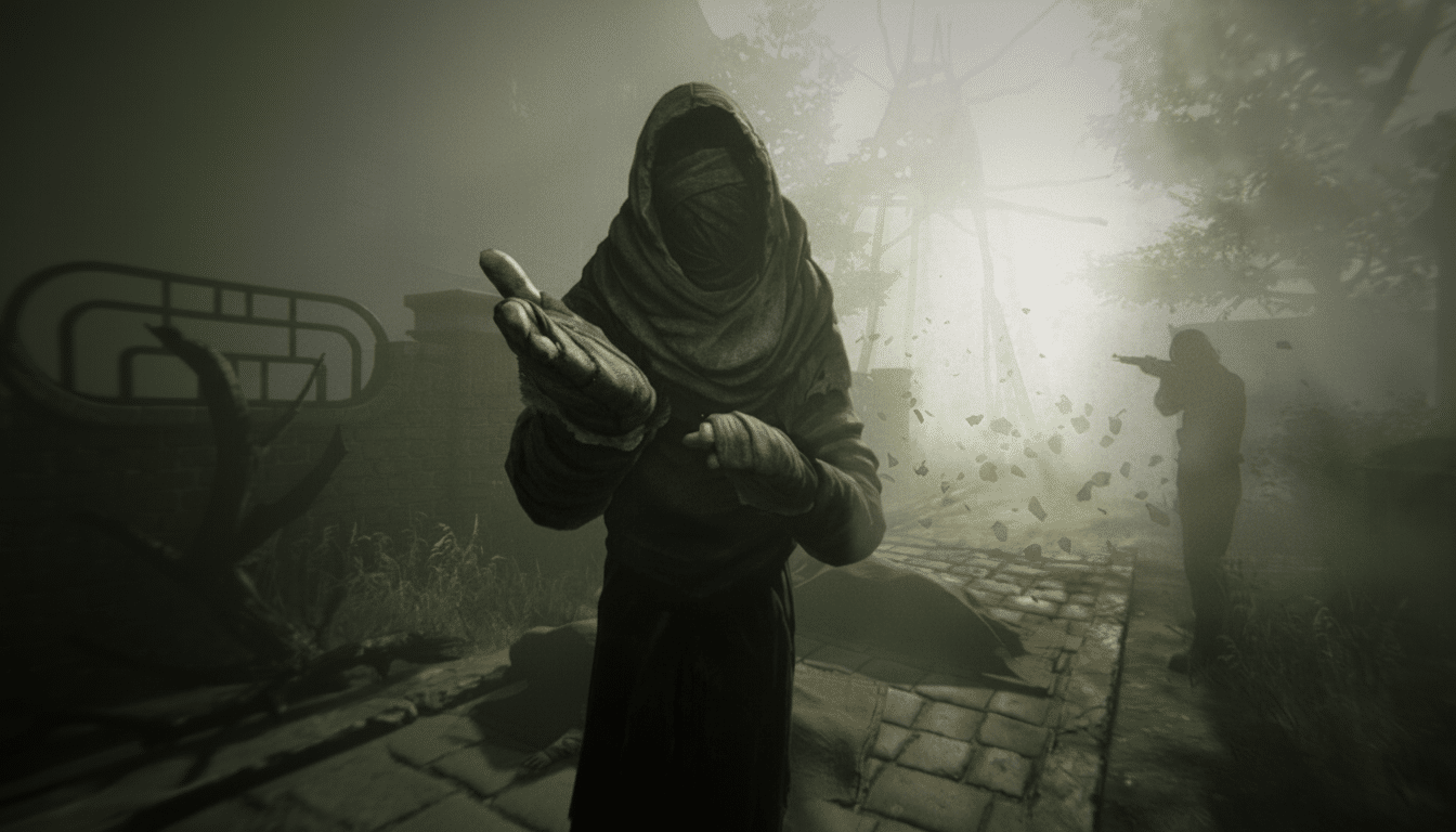 A hooded figure with outstretched hands stands in a desolate, foggy environment, with another figure aiming a rifle in the background.
