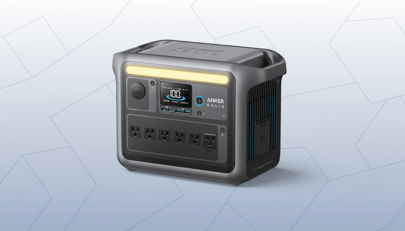 An Anker Solix portable power station with multiple outlets and a digital display, set against a professional flat design background with soft geometric patterns.