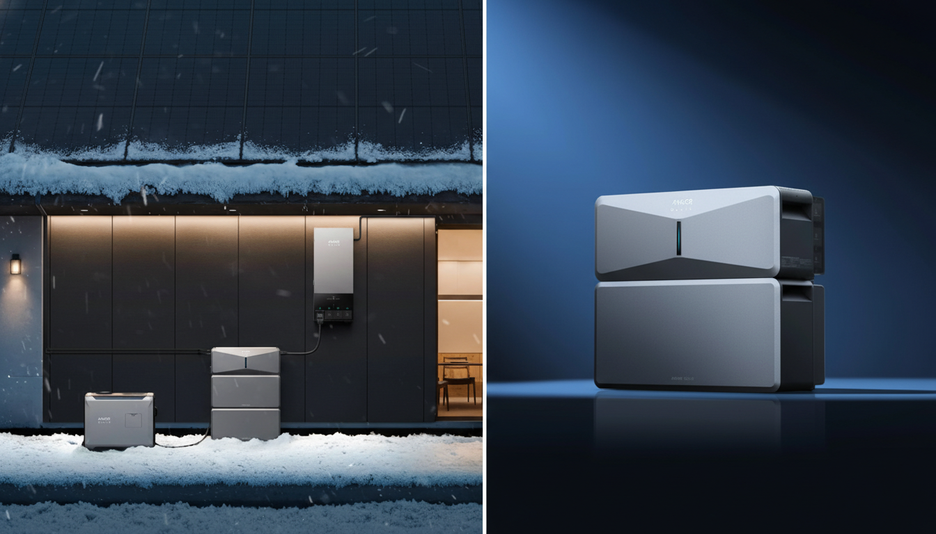 A split image showing Anker SOLIX solar energy products. The left side shows the products installed outside a modern home covered in snow, with solar panels on the roof. The right side shows a close-up of the stacked Anker SOLIX battery unit against a dark blue background.