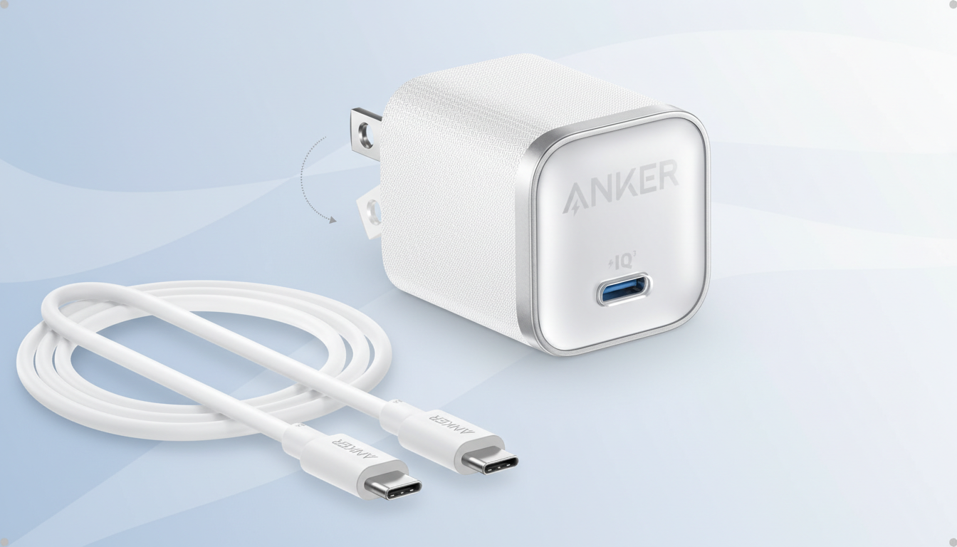 An Anker USB-C wall charger and a white USB-C to USB-C cable are displayed on a light blue background with subtle wave patterns. The charger is white with silver accents and features foldable prongs.