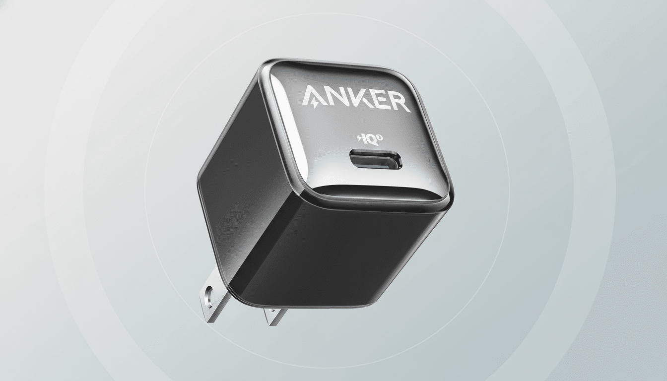 A black Anker wall charger with a blue USB-C port, presented on a professional light gray background with subtle circular patterns.