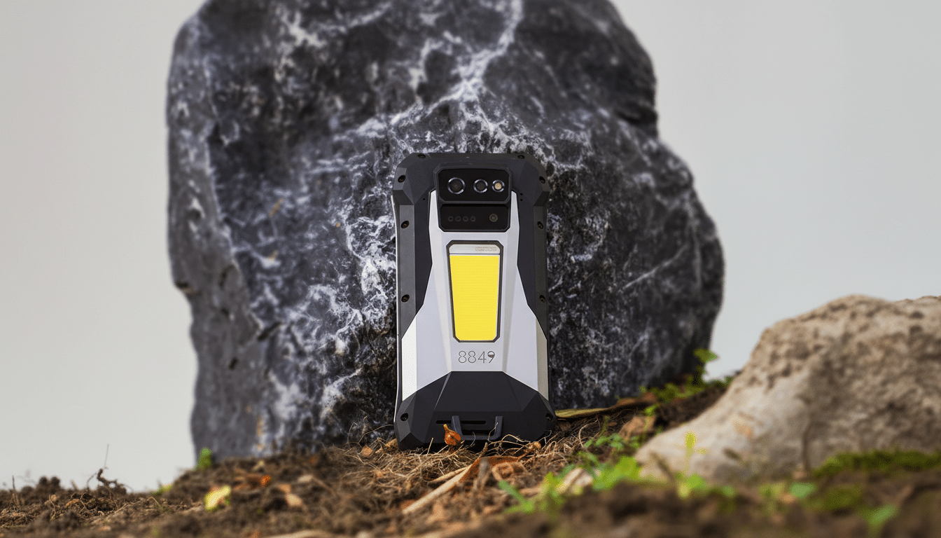 A rugged smartphone with a black and silver casing and a prominent yellow panel on its back, resting on earthy ground with a large, dark rock in the background.