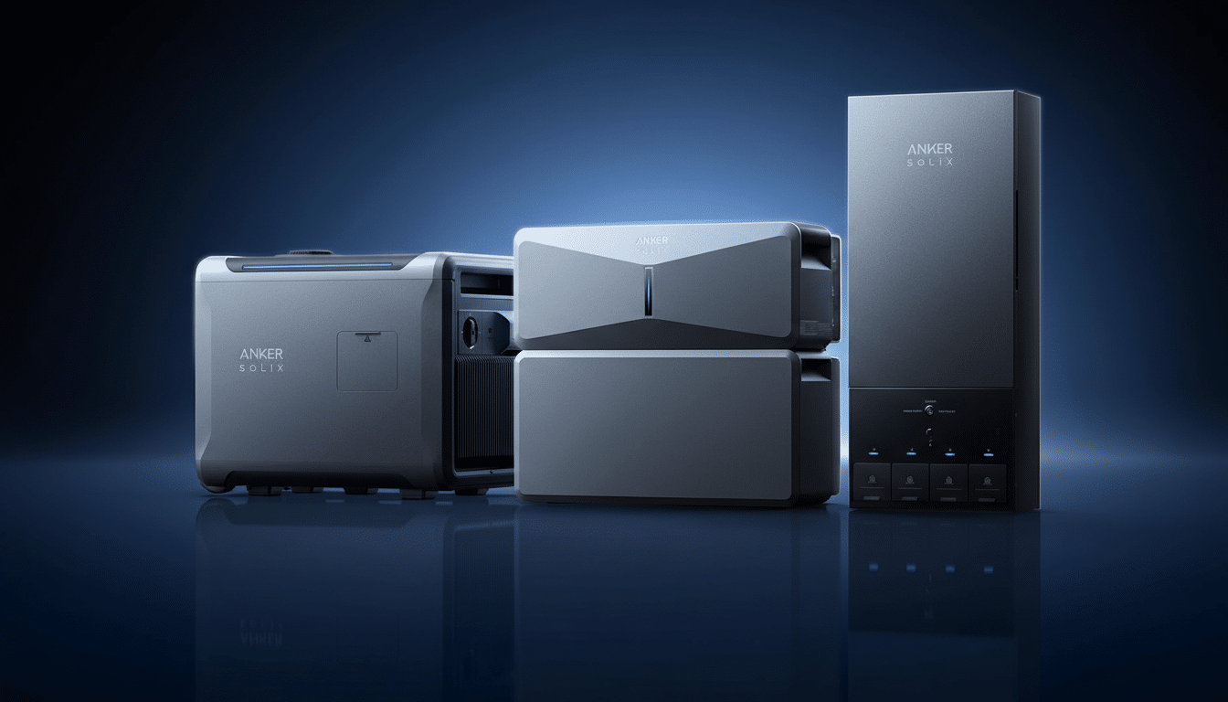 A professional image of three Anker Solix power stations in a 16:9 aspect ratio, with a dark blue background.