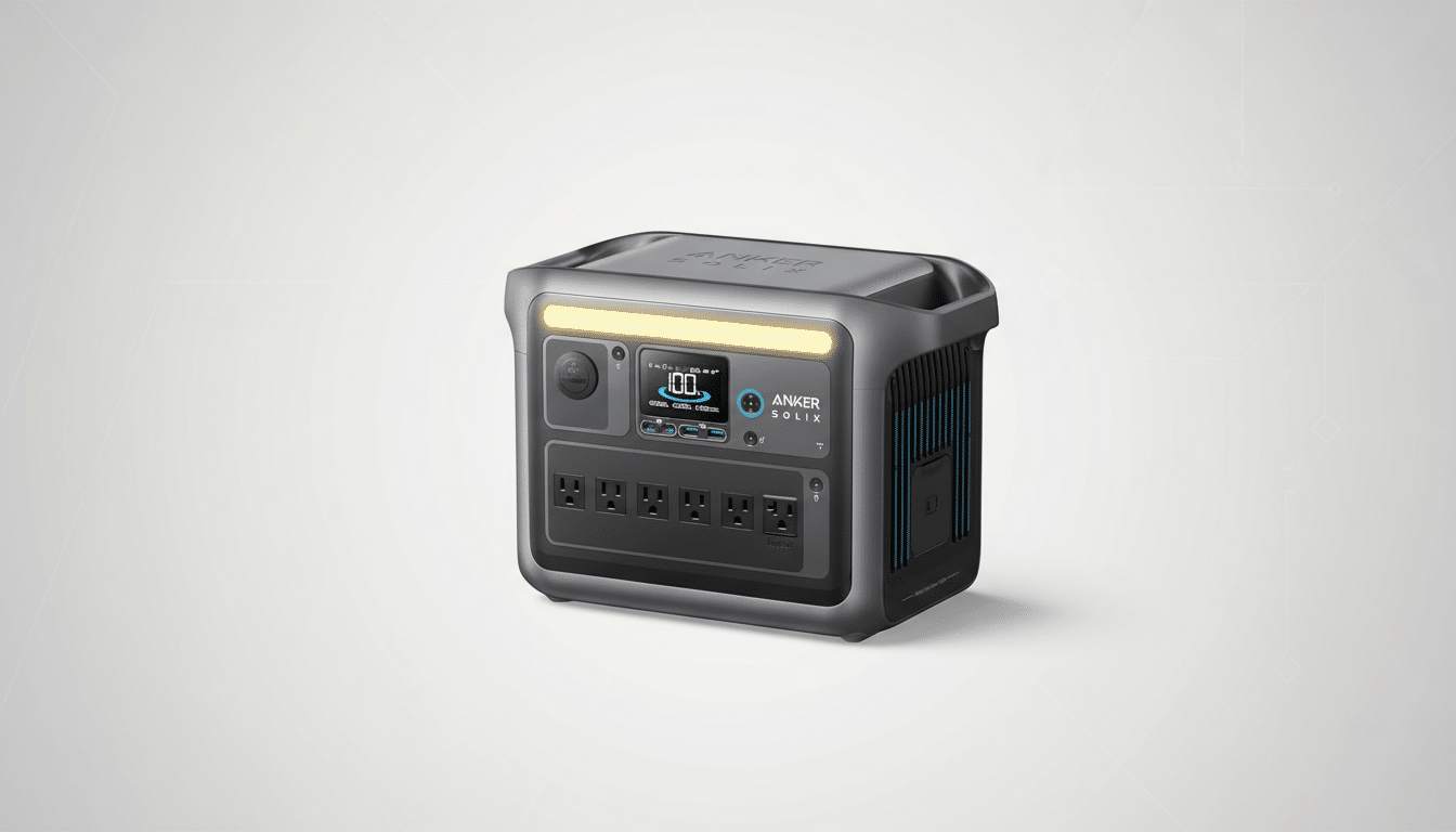 An Anker Solix portable power station is centered on a clean, professional light gray background with subtle geometric patterns.