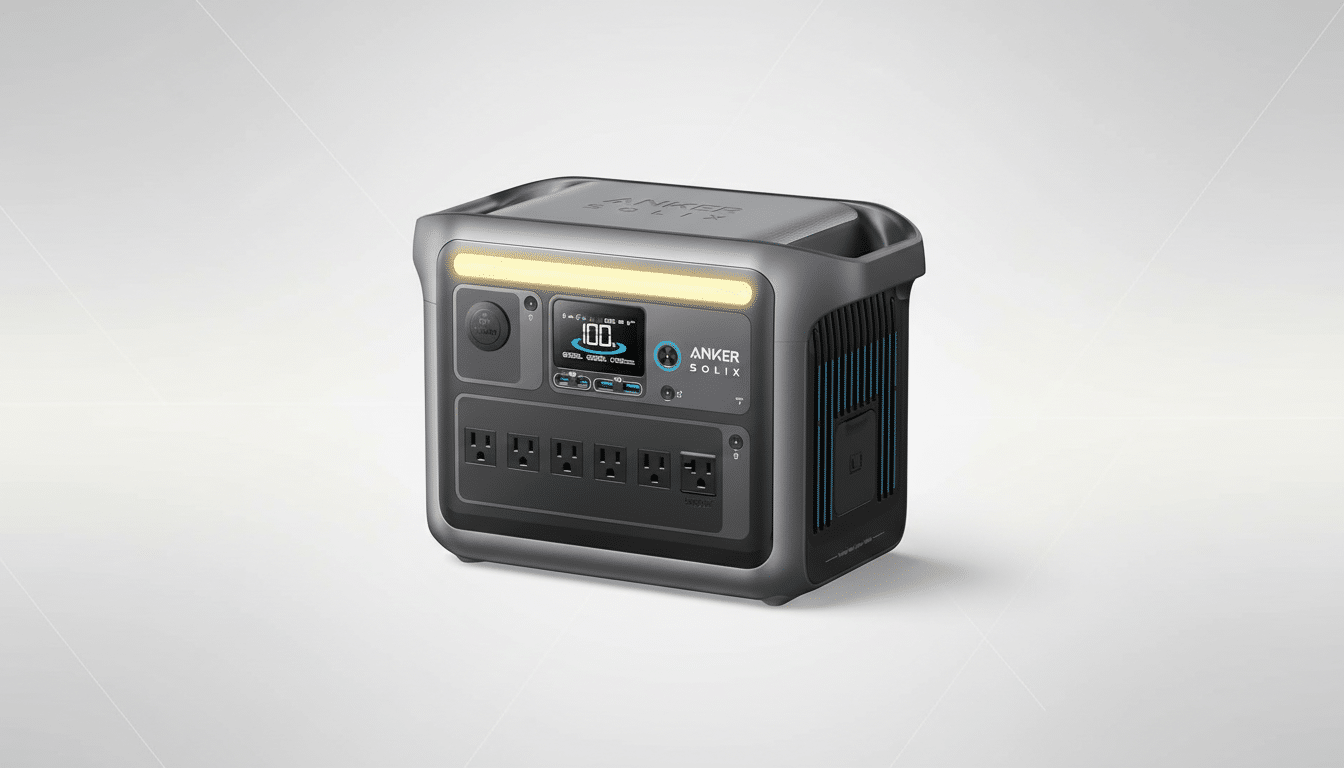 A professional, enhanced image of an Anker Solix portable power station, resized to a 16:9 aspect ratio with a clean, light gray gradient background.