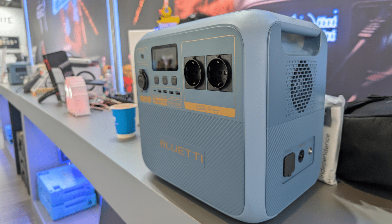 A Bluetti portable power station in a 16:9 aspect ratio, professionally enhanced while maintaining its original background.