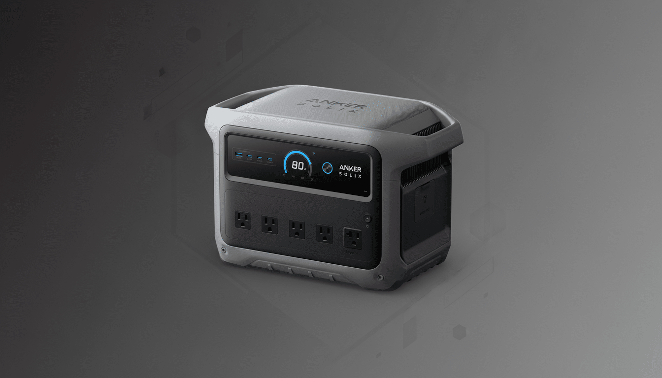 A professional, enhanced image of an Anker Solix portable power station, resized to a 16:9 aspect ratio. The power station is gray with a black front panel featuring multiple outlets and a digital display showing 80%. The background is a professional flat design with soft gray gradients and subtle geometric patterns, ensuring the product remains the central focus without reflections or dramatic changes.