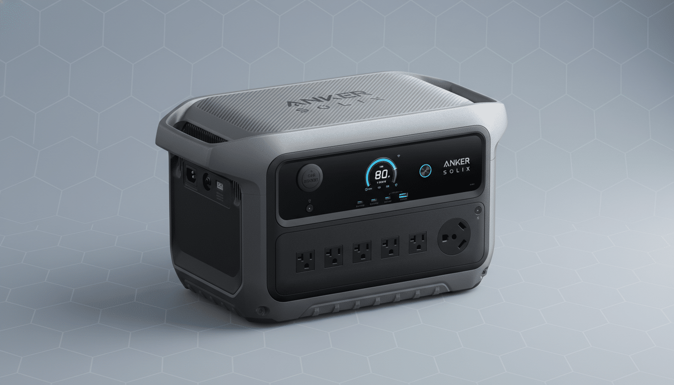 A professional 16:9 aspect ratio image of an Anker Solix portable power station with a flat design background featuring soft hexagonal patterns.