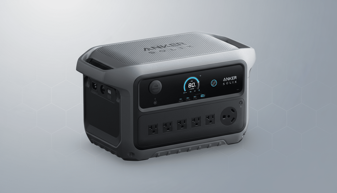 An Anker Solix portable power station with a digital display showing 80% charge, set against a professional flat design background with soft patterns.