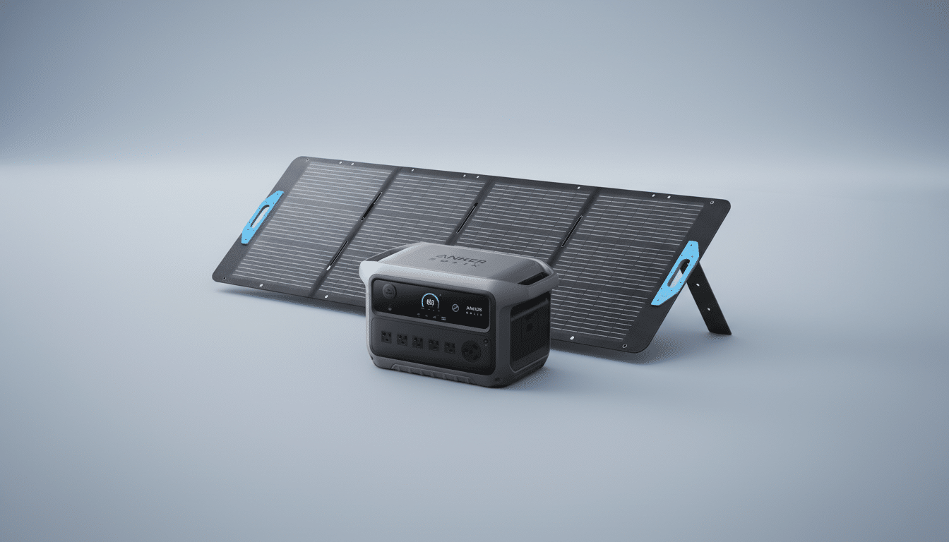 An Anker Solix portable power station and a foldable solar panel array are presented on a clean, professional light gray background.
