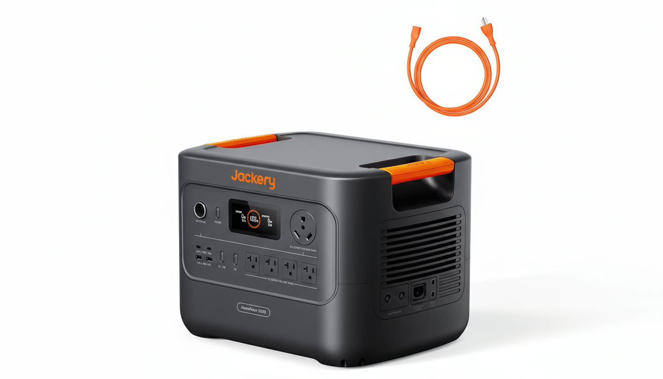 A Jackery HomePower 3000 portable power station and an orange power cable, presented on a clean white background with a 16:9 aspect ratio.