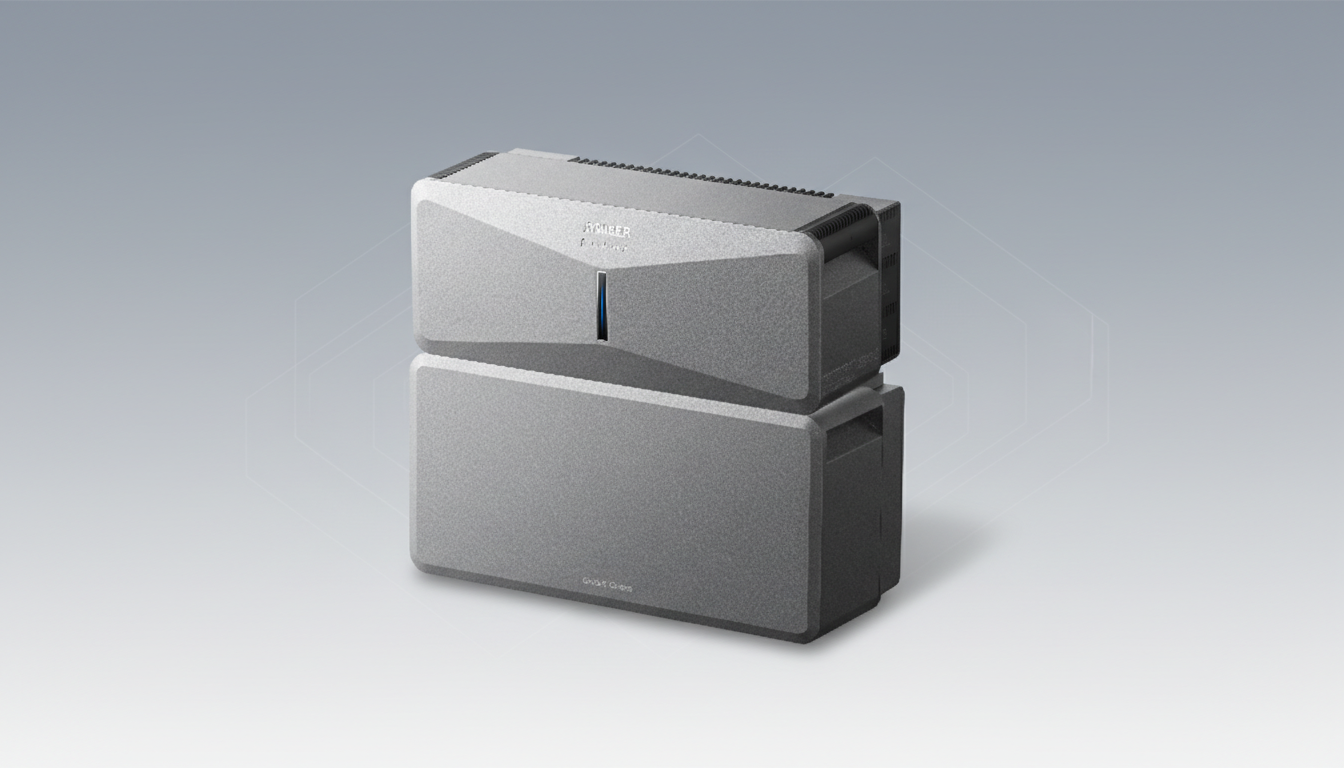 A sleek, modern gray audio amplifier with a blue light on the front, set against a professional flat design background with subtle geometric patterns and a soft gradient.