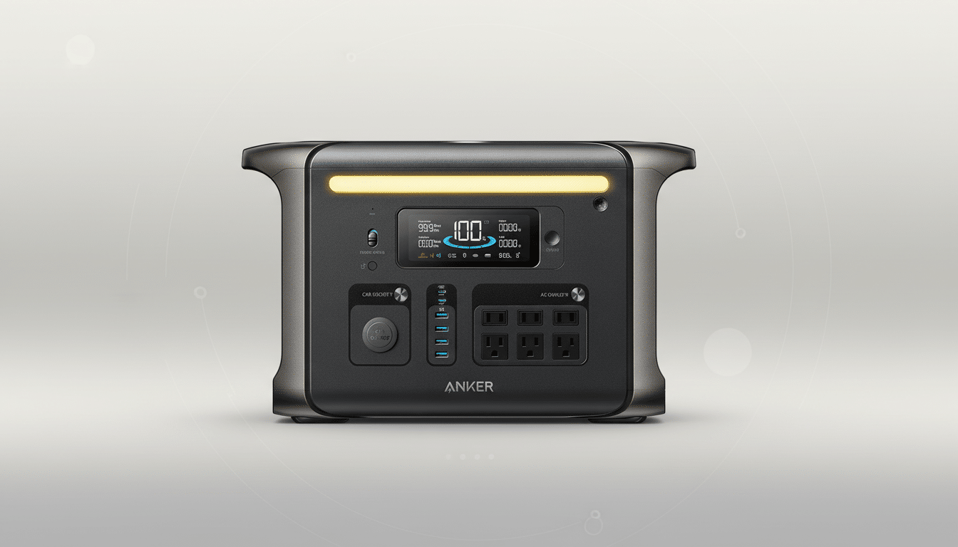 An Anker portable power station with a digital display showing 100% charge, set against a professional flat design background with soft patterns.