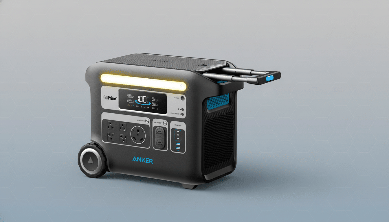An Anker Solix F3800 portable power station with a professional flat design background.