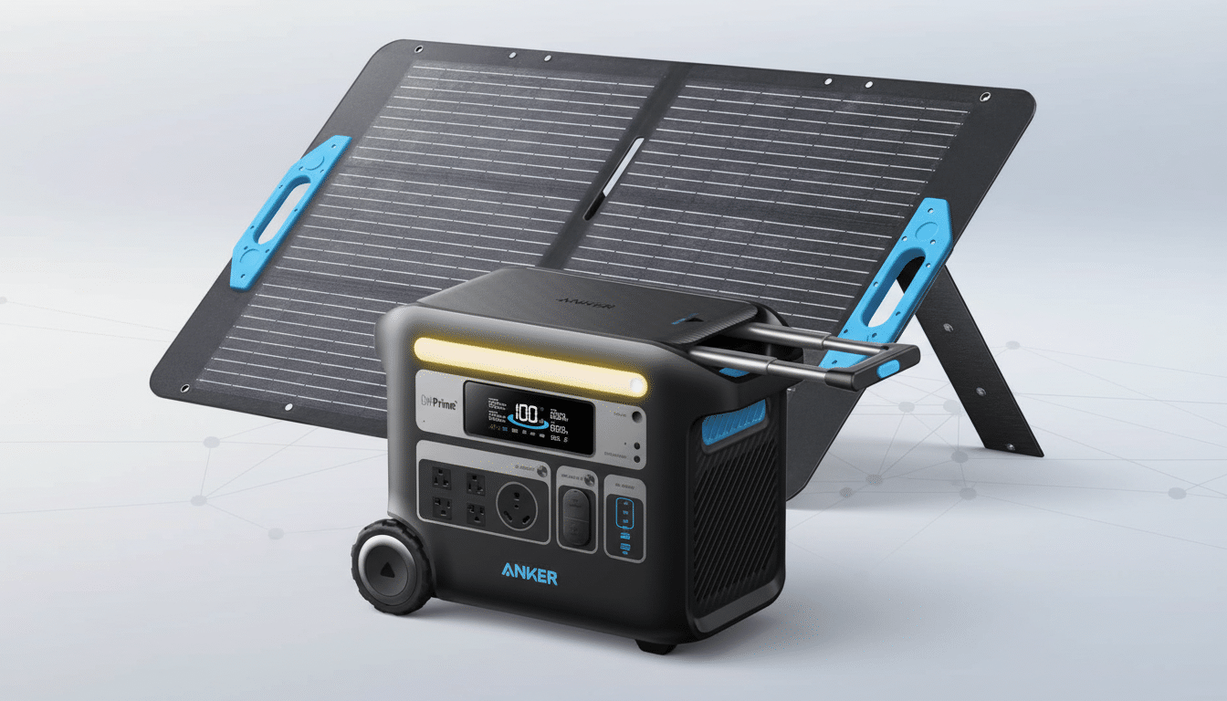 An Anker power station with a solar panel in a 16:9 aspect ratio, set against a professional flat design background with soft patterns.