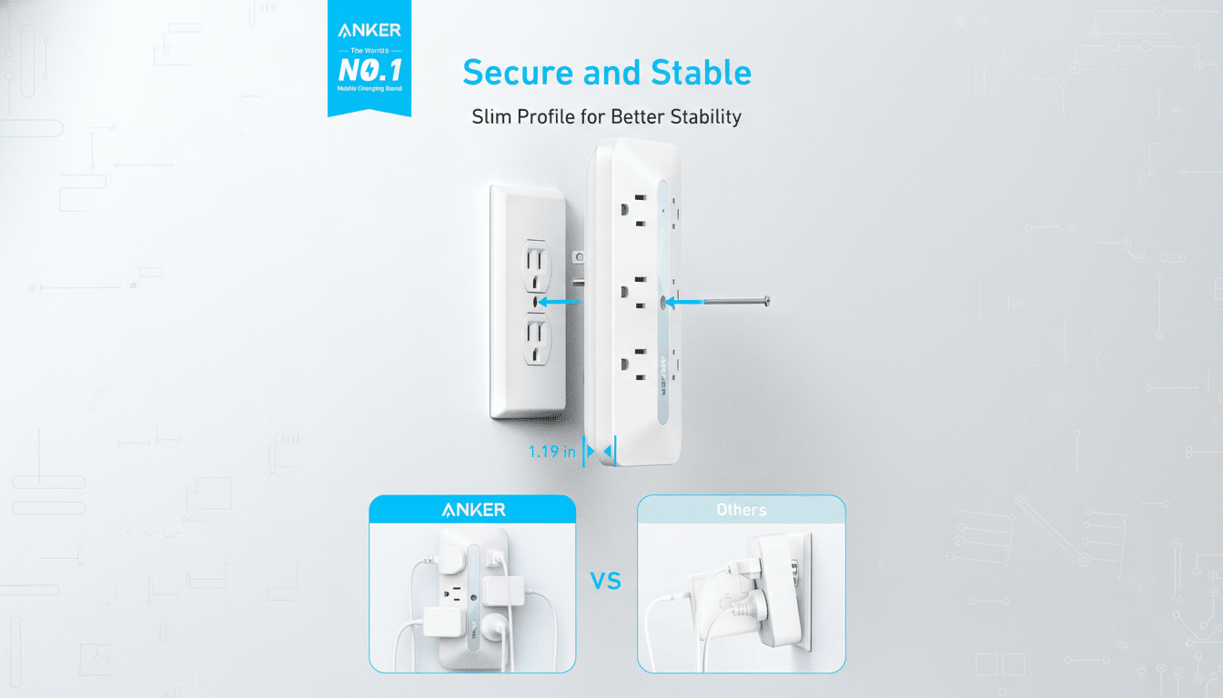 An Anker power strip is shown next to a wall outlet, highlighting its slim profile and stability. Below, a comparison shows the Anker power strip with multiple plugs versus a competitors, emphasizing its compact design.