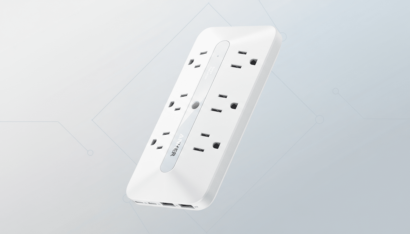 A white Anker power strip with multiple outlets and USB ports, set against a professional flat design background with soft patterns and gradients.