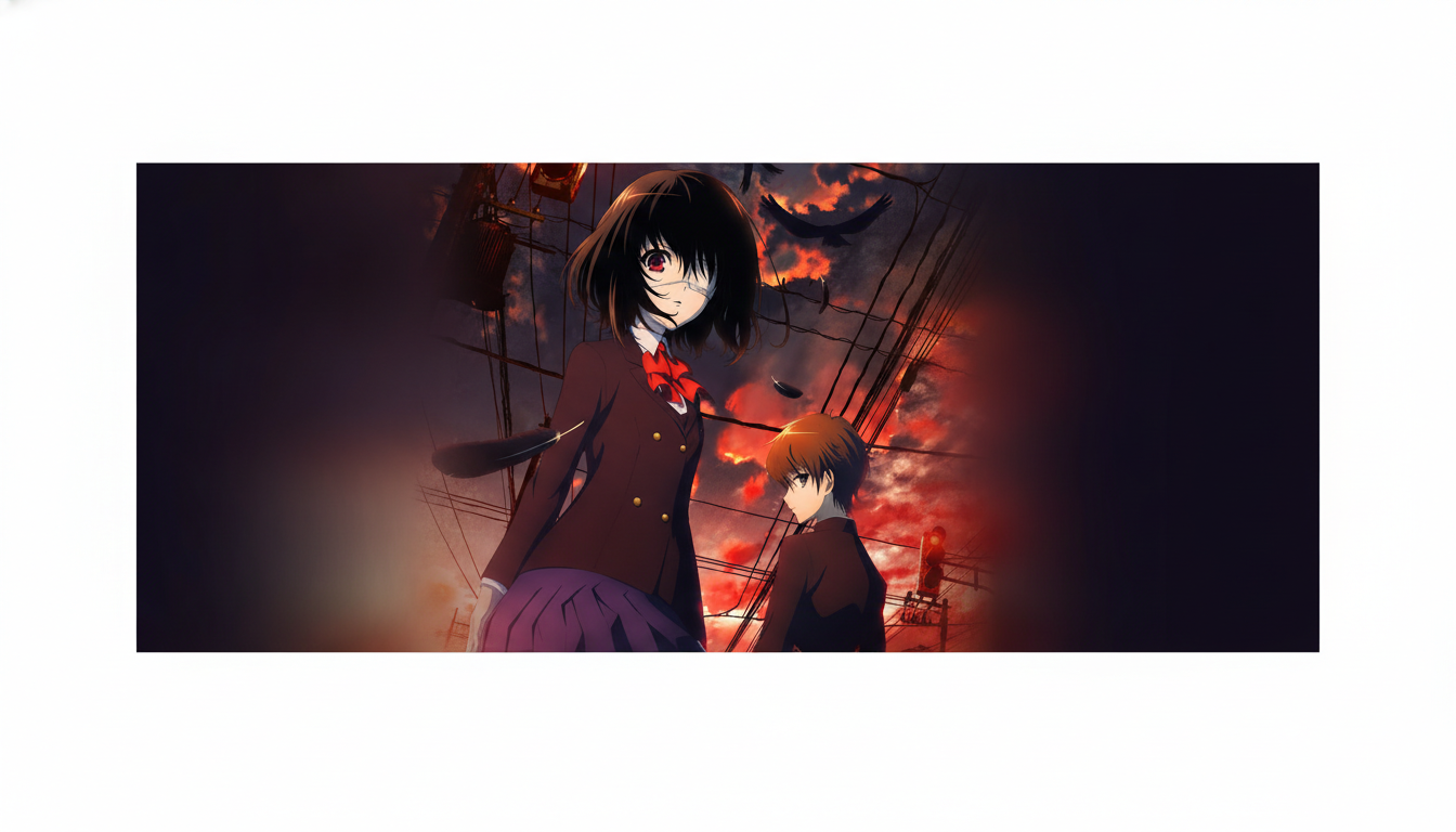An anime image featuring a girl with a bandaged eye and a boy, set against a dramatic sky with dark clouds and hints of red.