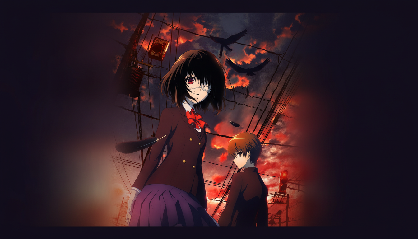 An anime image featuring a girl with a bandaged eye and a boy, set against a dark, dramatic sky with crows.