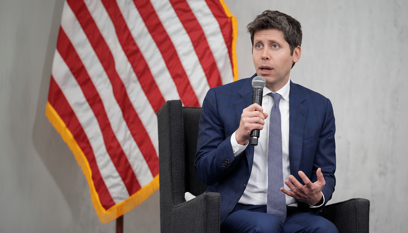 A man in a blue suit and patterned tie speaks into a microphone while seated, with an American flag visible in the background.