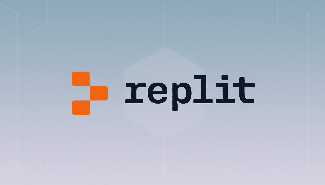 The Replit logo, featuring an orange pixelated square icon and the word replit in dark blue text, presented on a professional light gray background with subtle geometric patterns.