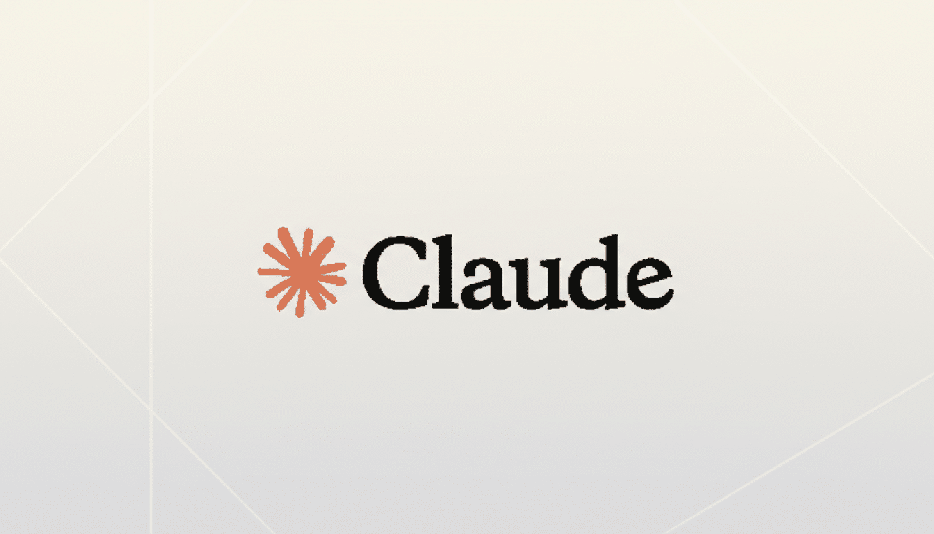 The Claude logo, featuring a stylized orange asterisk to the left of the word Claude in black text, presented on a professional light beige background with subtle geometric patterns.