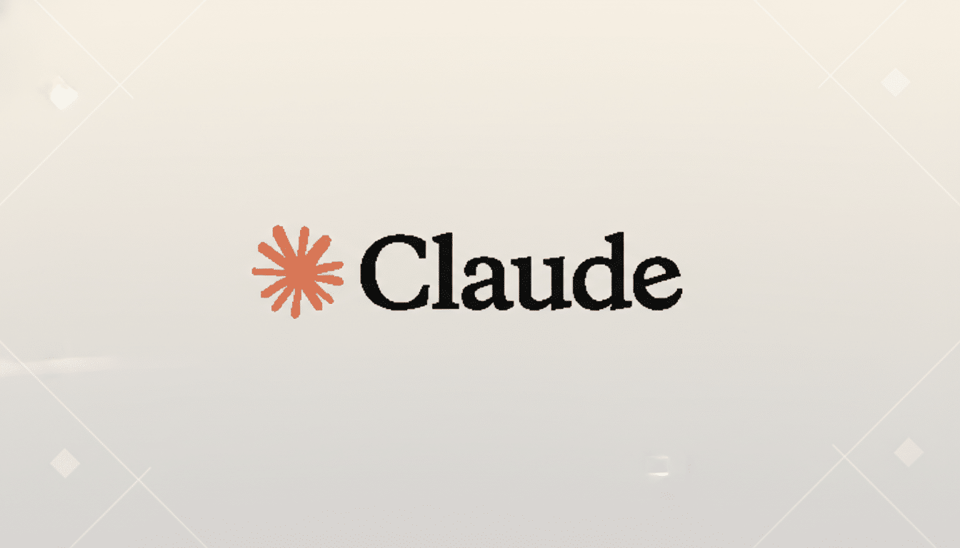 The Claude logo, featuring a stylized orange asterisk to the left of the word Claude in black text, presented on a professional light beige background with subtle geometric patterns.