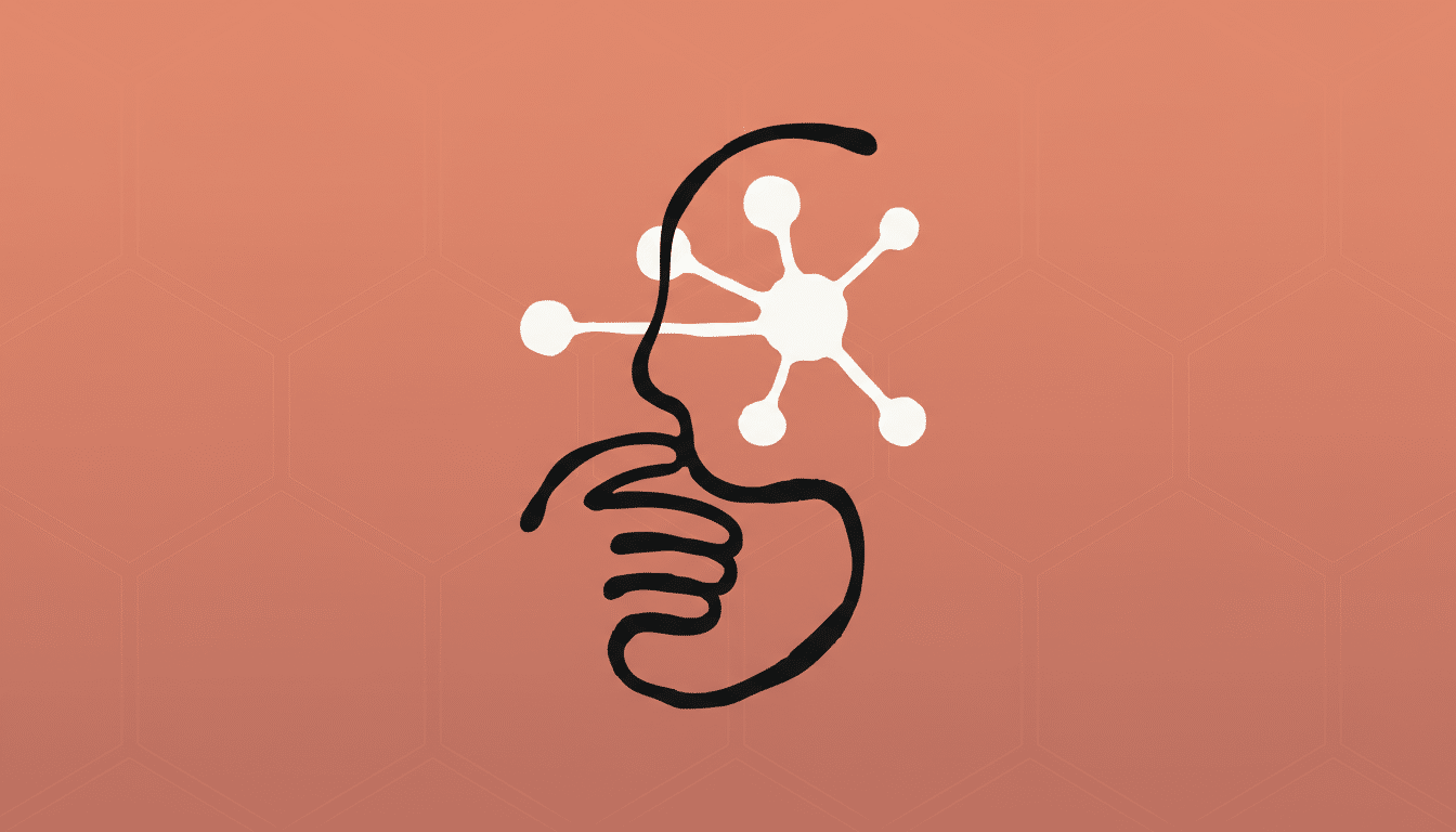 A 16:9 aspect ratio image featuring a black line drawing of a face in profile, with a white, star-like molecular structure emerging from the nose area, set against a professional flat design background with soft, subtle hexagonal patterns in a muted coral color.