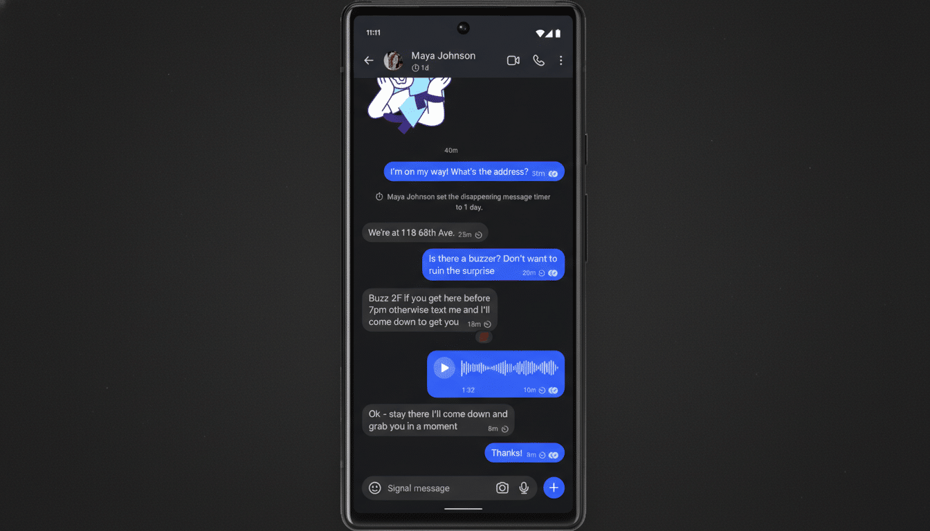 A smartphone displaying a messaging app interface with a conversation between two people. The messages are in dark mode, showing a mix of text and a voice message.