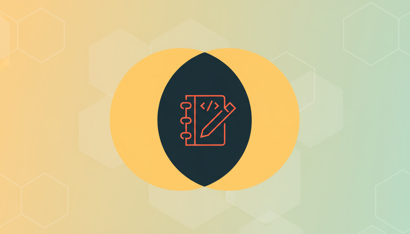 A 16:9 aspect ratio image featuring a red outline icon of a notebook with a pencil and code symbols, set against a professional flat design background with soft patterns and a gradient from yellow to green.