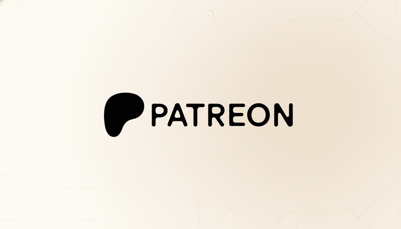 The Patreon logo, featuring a black, stylized P icon resembling a thought bubble or speech bubble, followed by the word PATREON in bold, black, sans-serif capital letters. The logo is centered on a light beige background with subtle, light grey circuit board-like patterns in the corners, presented in a 16:9 aspect ratio.