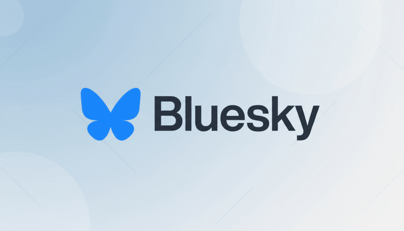 The Bluesky logo, featuring a blue butterfly icon next to the word Bluesky in dark gray text, presented on a light blue background with subtle, soft geometric patterns.