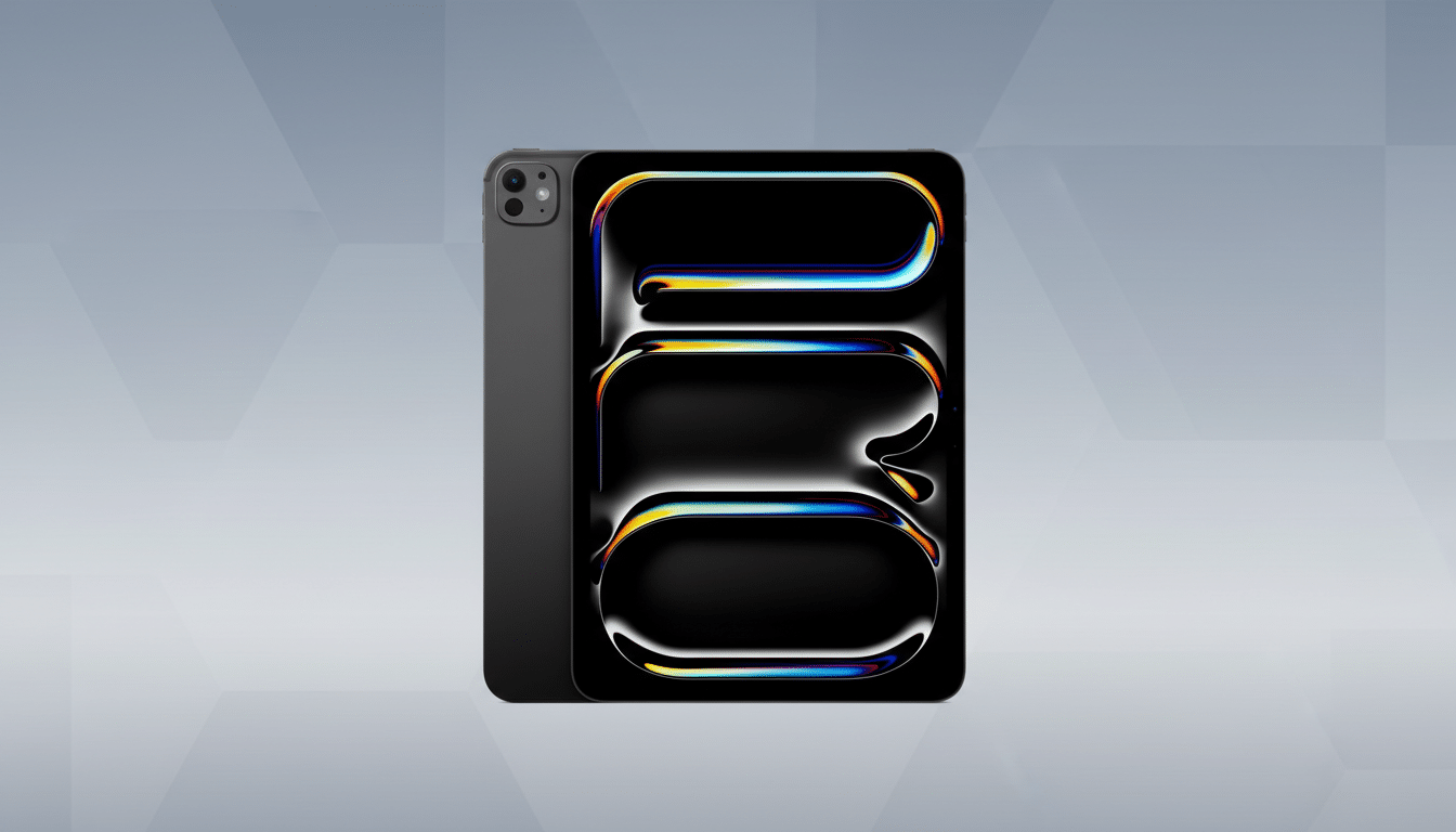 A dark gray tablet with a black screen displaying colorful abstract shapes, set against a professional gray background with subtle geometric patterns.