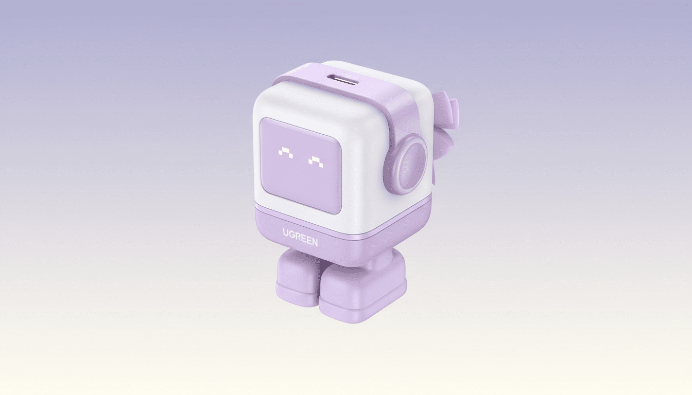 A UGREEN robot-shaped power bank in white and lavender, presented on a soft gradient background.