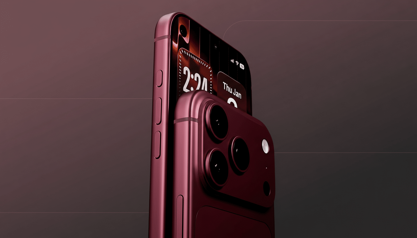 A close-up, professional shot of a dark red smartphone, viewed from a low angle, showcasing its side buttons and the triple camera system on the back. The screen displays a digital clock and date. The background is a subtle gradient of dark red and gray.