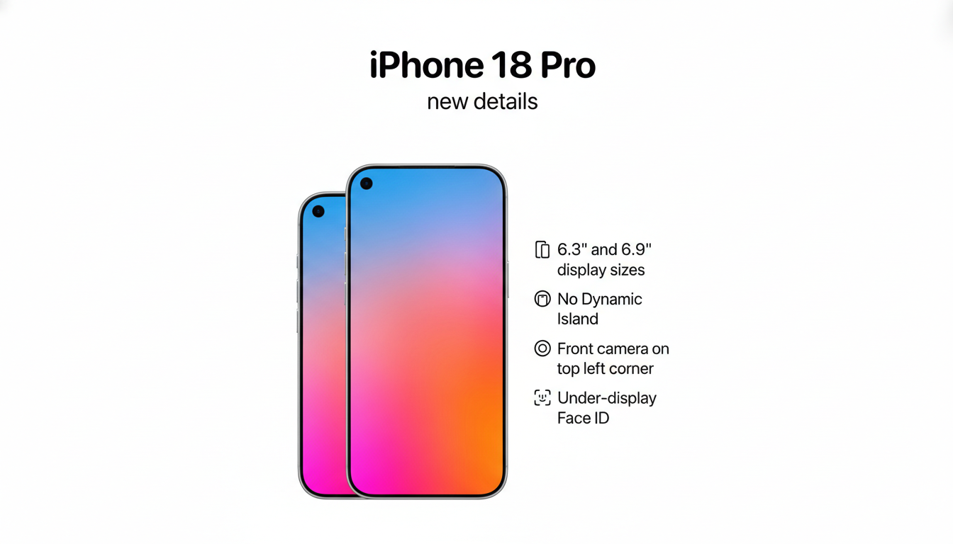 A white background with iPhone 18 Pro new details at the top. Below it are two smartphone outlines with colorful gradient screens, and to the right, a list of features: 6.3 and 6.9 display sizes, No Dynamic Island, Front camera on top left corner, and Under-display Face ID.