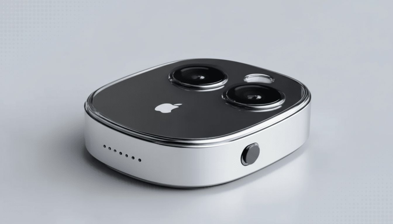 A sleek, silver and black Apple device with two prominent camera lenses and the Apple logo, presented on a professional gray background with subtle gradient patterns.
