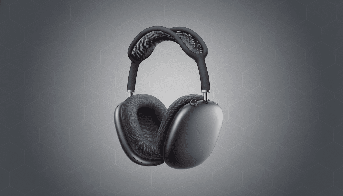 A pair of space gray Apple AirPods Max headphones with a dark gray mesh headband and earcups, presented on a professional gray background with a subtle hexagonal pattern.