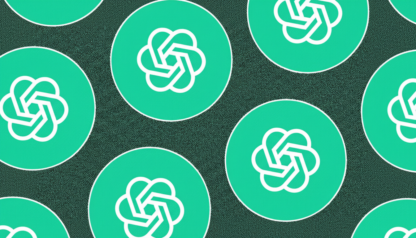A 16:9 aspect ratio image featuring multiple white OpenAI logos on teal circles, arranged against a dark, textured background.