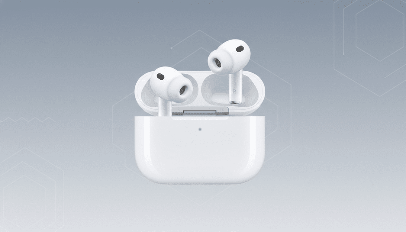 A pair of white wireless earbuds in their open charging case, presented on a professional flat design background with soft patterns and gradients.