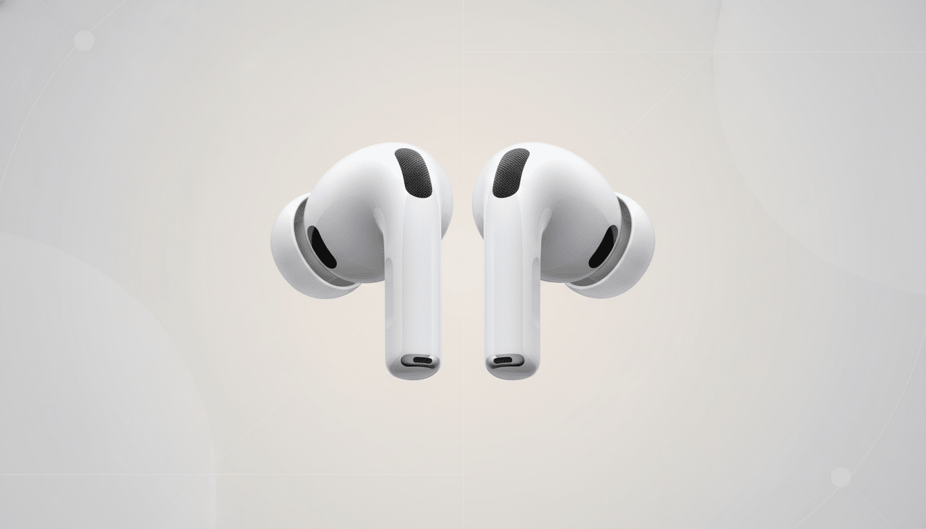 A pair of white wireless earbuds with black accents, presented against a professional flat design background with soft patterns and gradients.