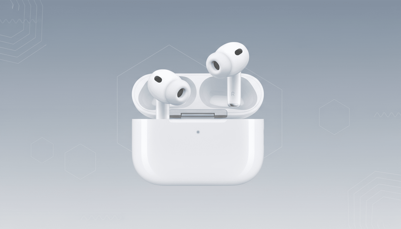 A pair of white wireless earbuds in their open charging case, presented on a professional flat design background with soft gray gradients and subtle geometric patterns.